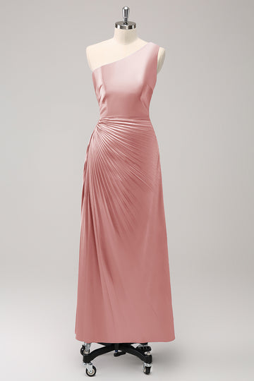 Vestido largo de dama de honor Rosa polvorienta con ojo de cerradura de satén de un hombro